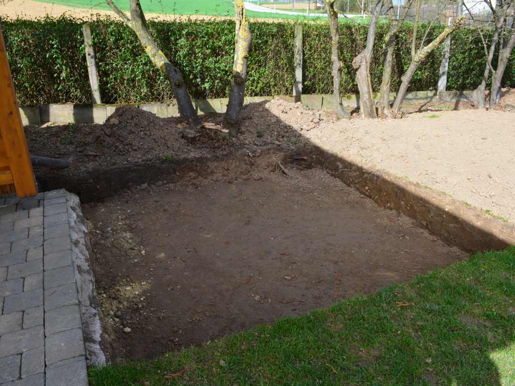 Ende März, die Baugrube ist ausgehoben. Viel Platz für Bergkies, Bodenplatte und Pflaster.